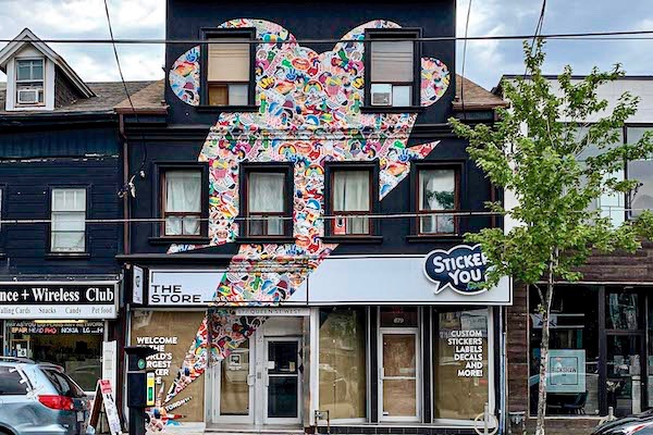 Store front with sticker bomb decal